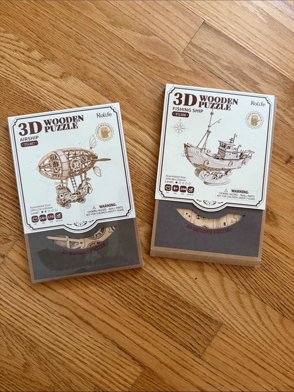 3D Wooden Puzzle Airship & Fishing Ship Set - Natural Wood